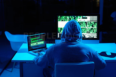 Buy stock photo Back, person or hacker with laptop in dark for cybercrime, malware or phishing for stealing online data. Programmer, night or software update on computer with hacking expert writing algorithm system