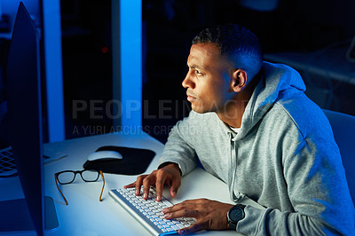 Buy stock photo Crime, black man or hacker stealing on computer for cyber scam, malware or phishing for online data. Programmer, password theft or pc software update on tech for hacking server on website at night