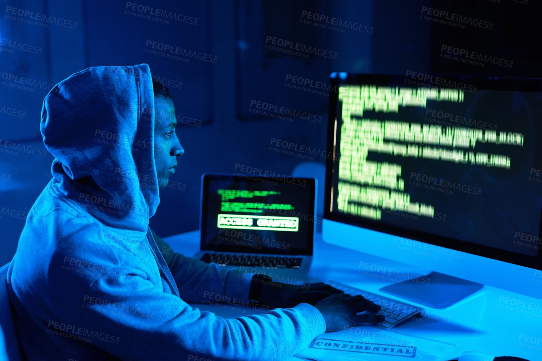 Buy stock photo Code, man or hacker on technology screen for cybercrime, malware or phishing for stealing online data. Programmer, dark or typing software update on computer for hacking or theft on website in night