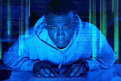 Buy stock photo Black man, portrait or hacker coding on overlay of cybersecurity error with holographic for online crime. Programmer, night or software update on computer with hacking expert writing algorithm system