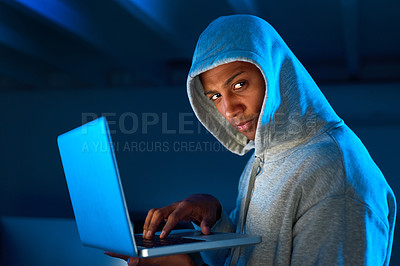 Buy stock photo Portrait, black man or hacker on laptop in night for cybercrime, malware or stealing online data. Programmer, serious and software update for hacking scam, password fraud or theft on website in dark