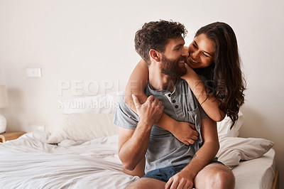 Buy stock photo Love, apartment bedroom and happy couple hug, bond and spending relax morning together, bonding and smile. Happiness, home or romantic people embracing with affection, care and quality time on bed