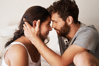 Buy stock photo Forehead, home love and couple bonding, relax and spending morning together, quality time or intimate bedroom moment. Apartment bed, marriage or romantic people with connection, affection and care