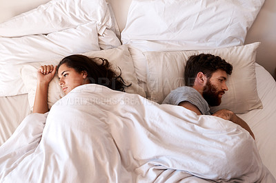 Buy stock photo Angry people, couple and fight in bed in the morning feeling frustrated from divorce talk. Marriage problem, conflict and fighting in a bedroom at home with anger argument and communication issue