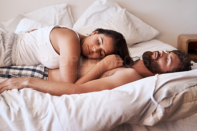 Buy stock photo Wellness sleep, bedroom and couple fatigue, burnout and tired in home apartment, dream and relax on bed. Morning rest, peace and exhausted man, woman or people sleeping together with eyes closed