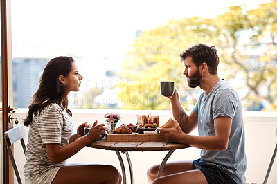 Buy stock photo Breakfast food, home and couple argue, fight or angry over relationship problem, mistake or frustrated on apartment balcony. Divorce risk, marriage fail and people in morning conflict during brunch