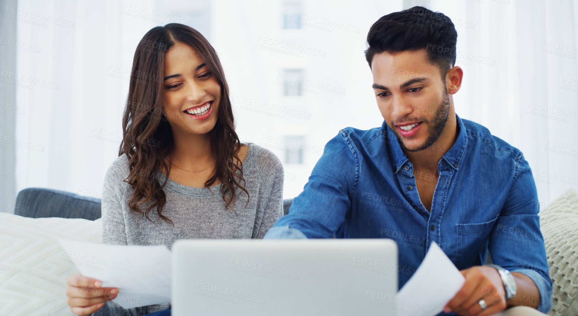 Buy stock photo Documents, laptop and tax review with couple on sofa in living room of home for bank payment. Accounting, computer or financial paperwork with man and woman in apartment for insurance or mortgage