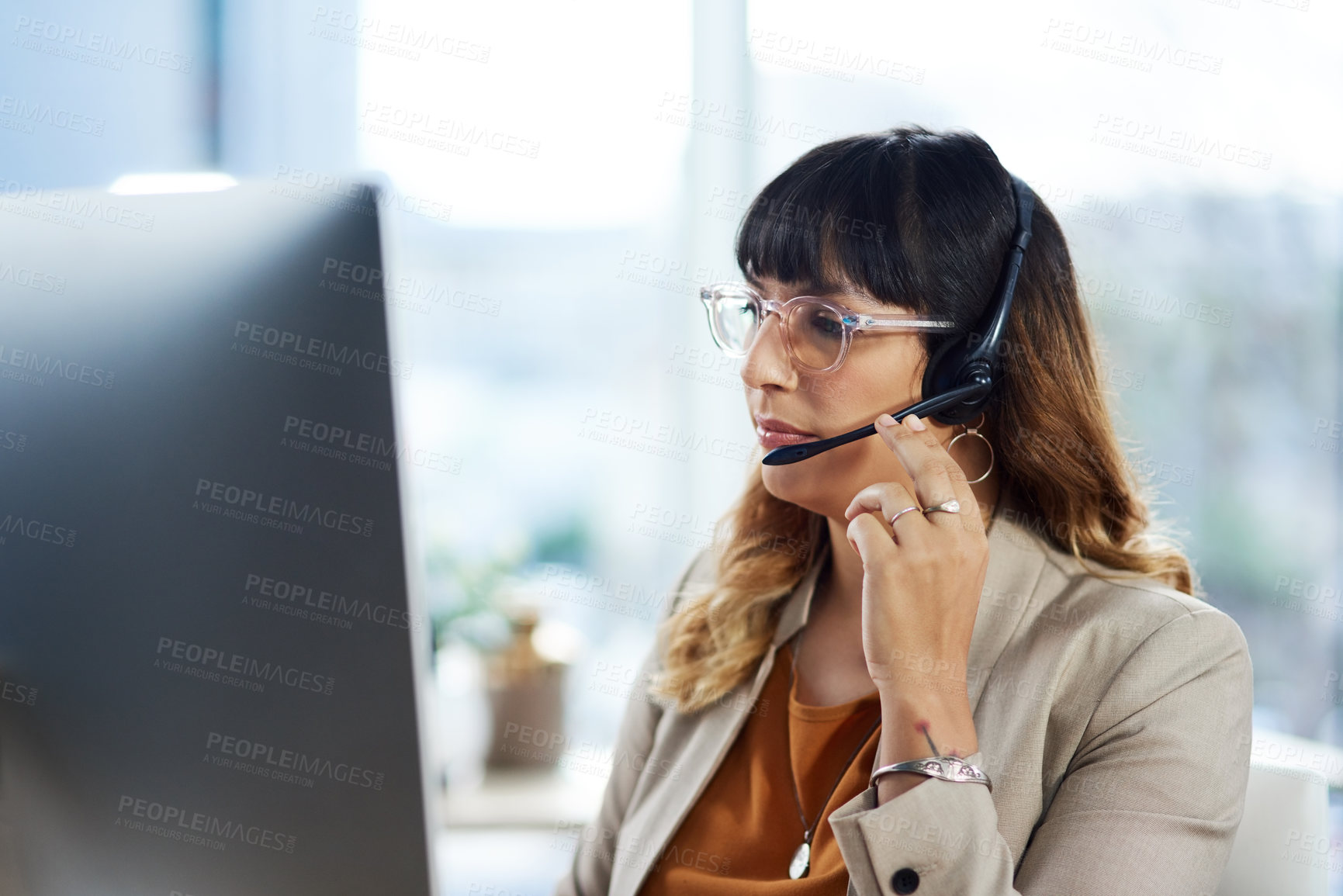 Buy stock photo Business woman, computer and call center consultation with customer support and headphones at job. Office, crm and telemarketing consultant with advice and help desk assistance with online agent