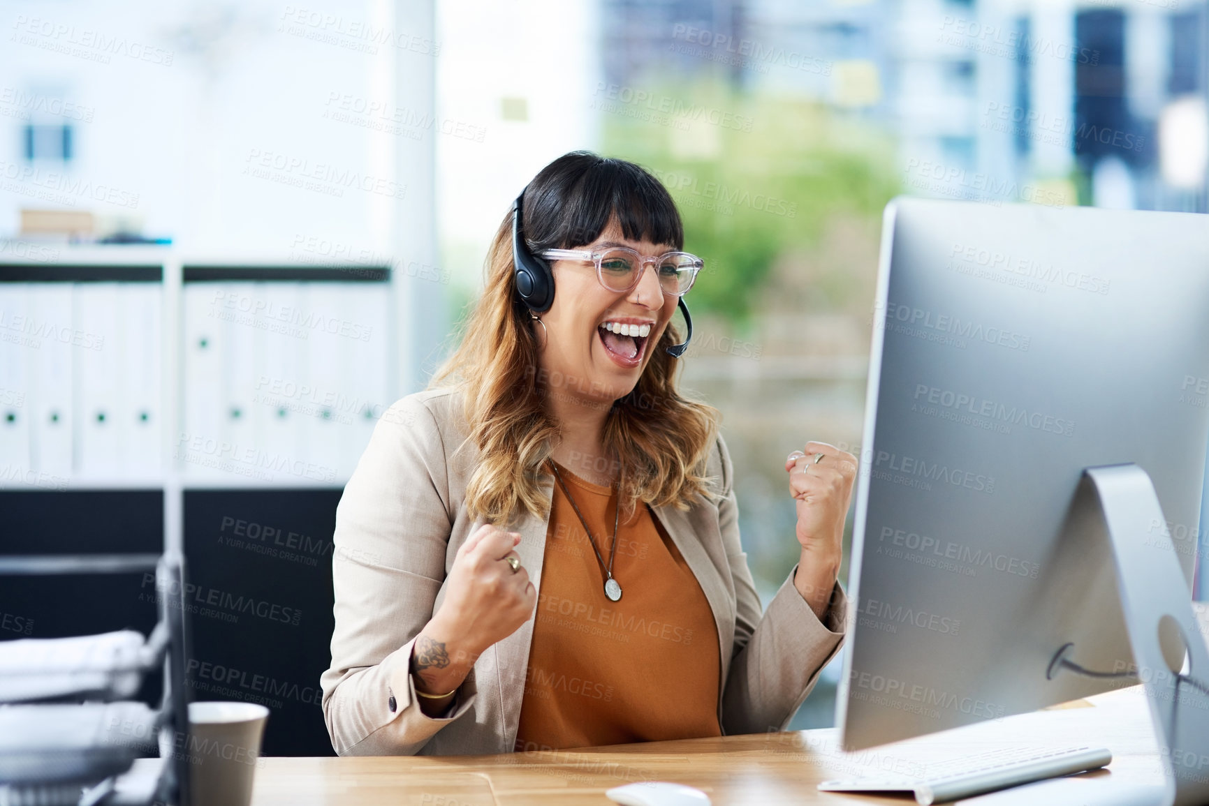 Buy stock photo Computer, business woman and celebrate in call center for promotion, target victory and telemarketing. Career, female agent and excited in office for winning, customer service and sales achievement