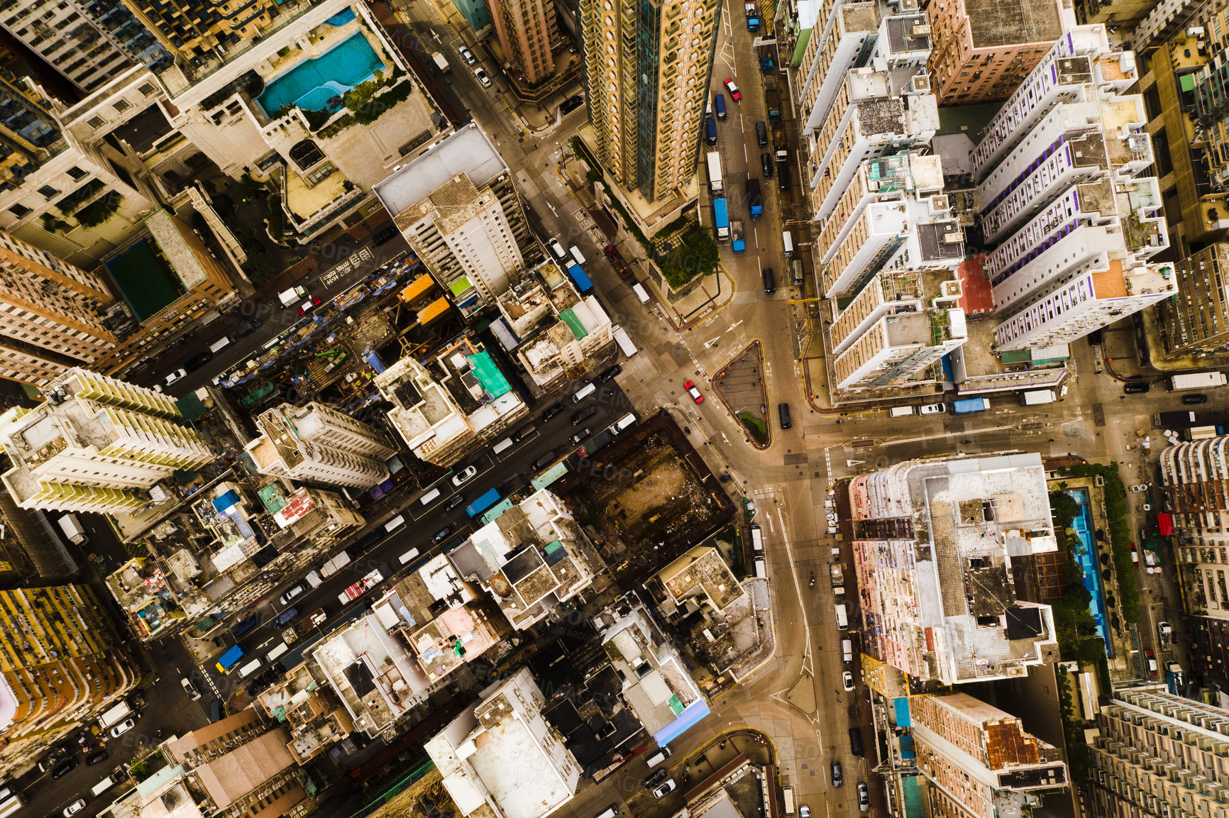 Buy stock photo Skyscraper, architecture and aerial view of city buildings in Hong Kong in street. Urban landscape, cityscape building and drone of skyscrapers, infrastructure and property in metropolis of cbd.