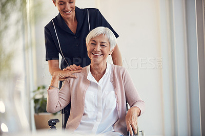 Buy stock photo Trust, wheelchair and elderly woman with caregiver in retirement home for wellness and healthcare. Medical, happy and portrait of senior female person with disability bonding with professional nurse.