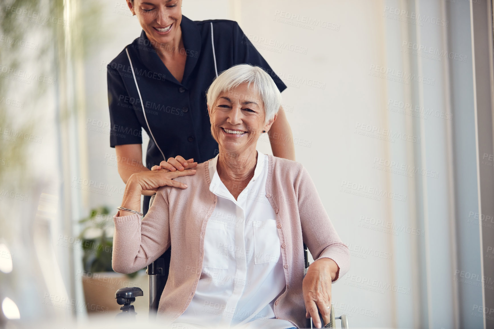 Buy stock photo Trust, wheelchair and elderly woman with caregiver in retirement home for wellness and healthcare. Medical, happy and portrait of senior female person with disability bonding with professional nurse.