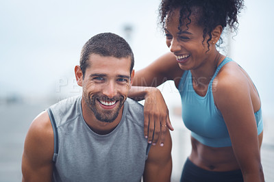 Buy stock photo Portrait, man and laugh together with woman for fitness, exercise and happy for training outdoors. Athlete, wellness and smile for break on promenade with health and personal trainer in Los Angeles