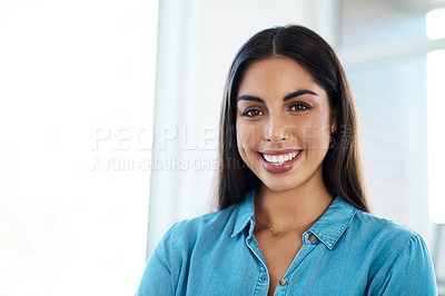 Buy stock photo Portrait, business and woman with happy in office for creative career, designer experience and ambition of agency. Smile, female person and pride for about us, opportunity and startup development