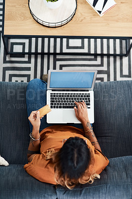 Buy stock photo Woman, laptop and credit card on sofa for online shopping, mockup space and subscription with ux screen. Female person, technology and digital payment for website, investment and membership in house