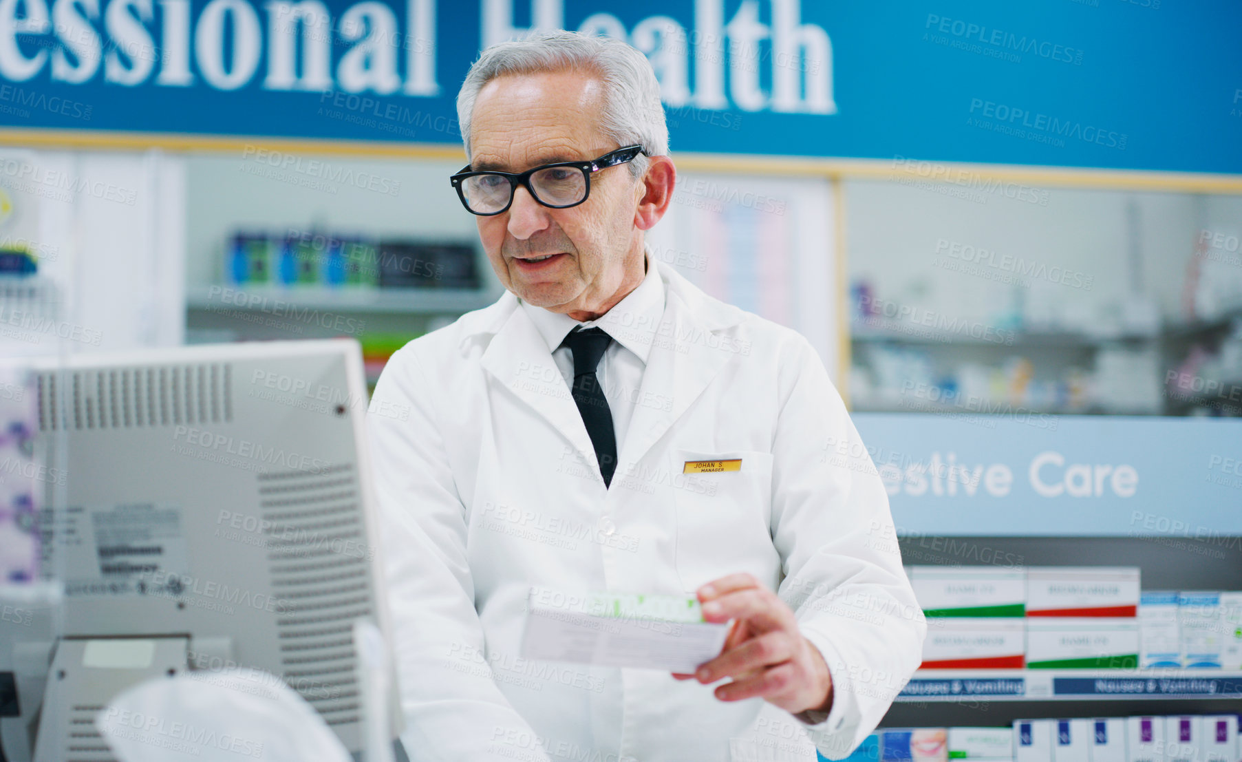Buy stock photo Pharmacy product, cash register and senior man process sale of pharmaceutical, supplements or pills box. Retail pharmacist, drug store medicine and medical person enter prescription package data