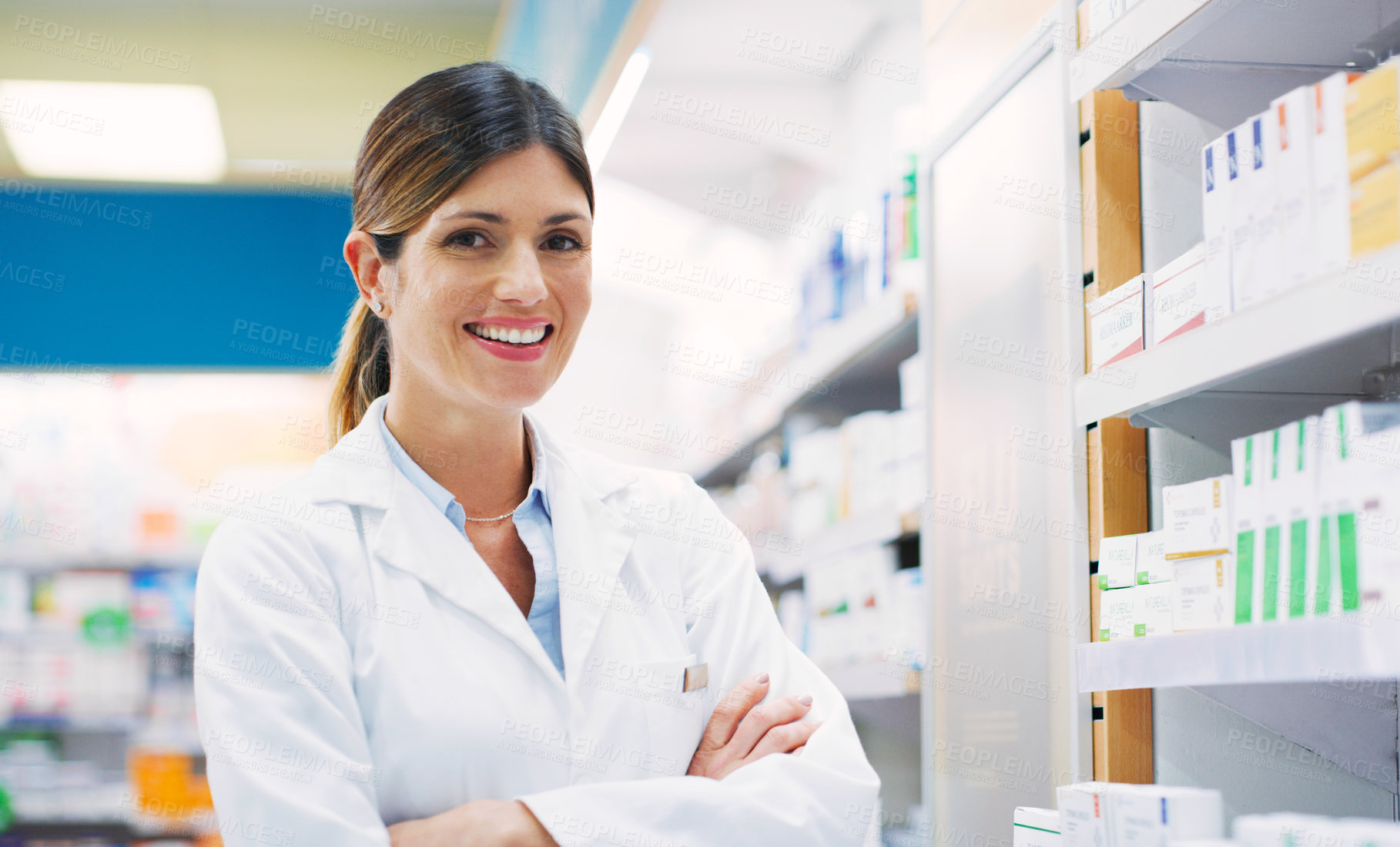 Buy stock photo Store shelf, happy woman and pharmacist portrait with crossed arms, pride and chemist in drugs store, clinic or shop. Happiness, pharmacy product and healthcare person confident in pills dispensary