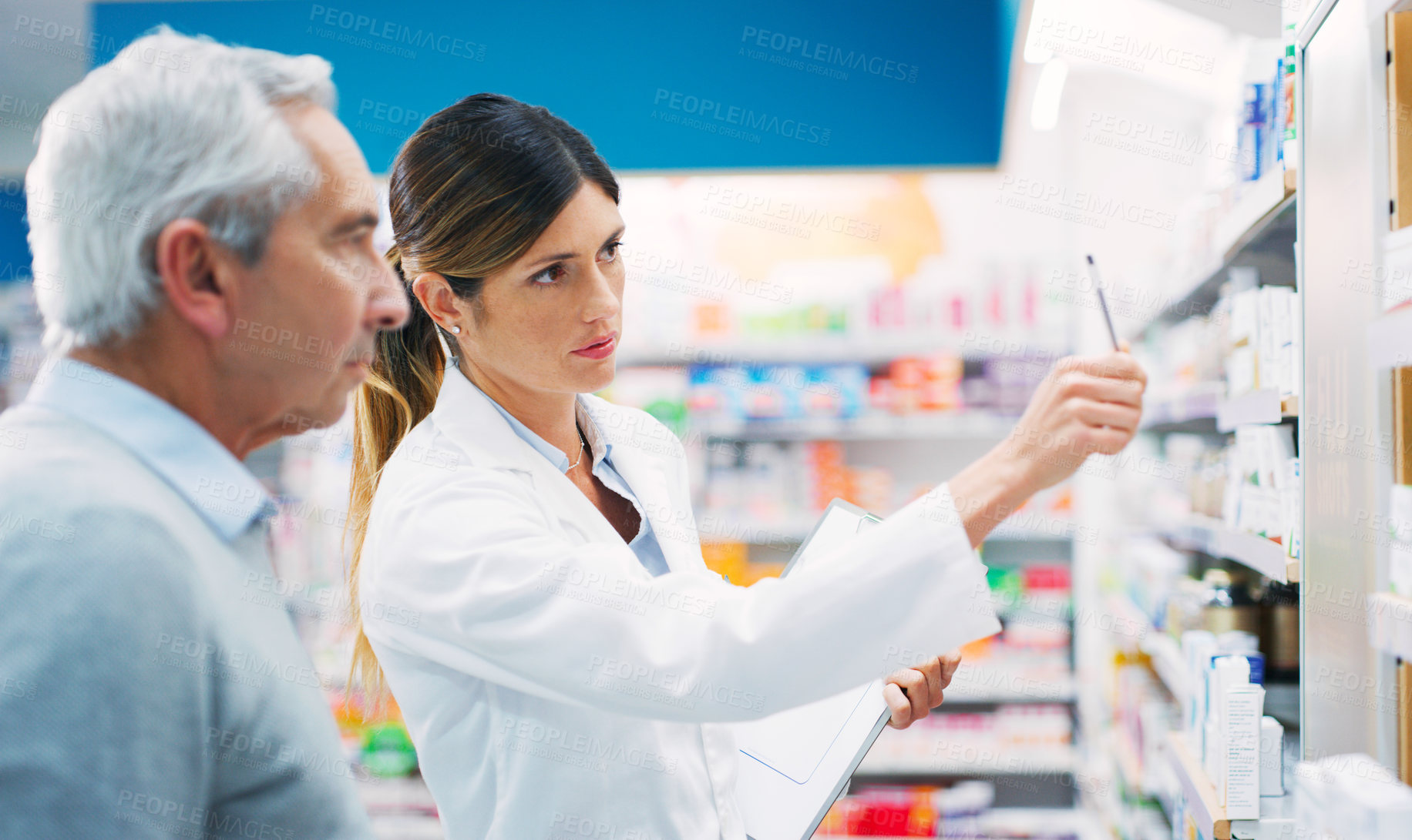Buy stock photo Store shelf, senior man and pharmacy woman, advice and recommendation of pills, medicine or prescription drugs. Customer, healthcare support and female pharmacist helping old person with decision 