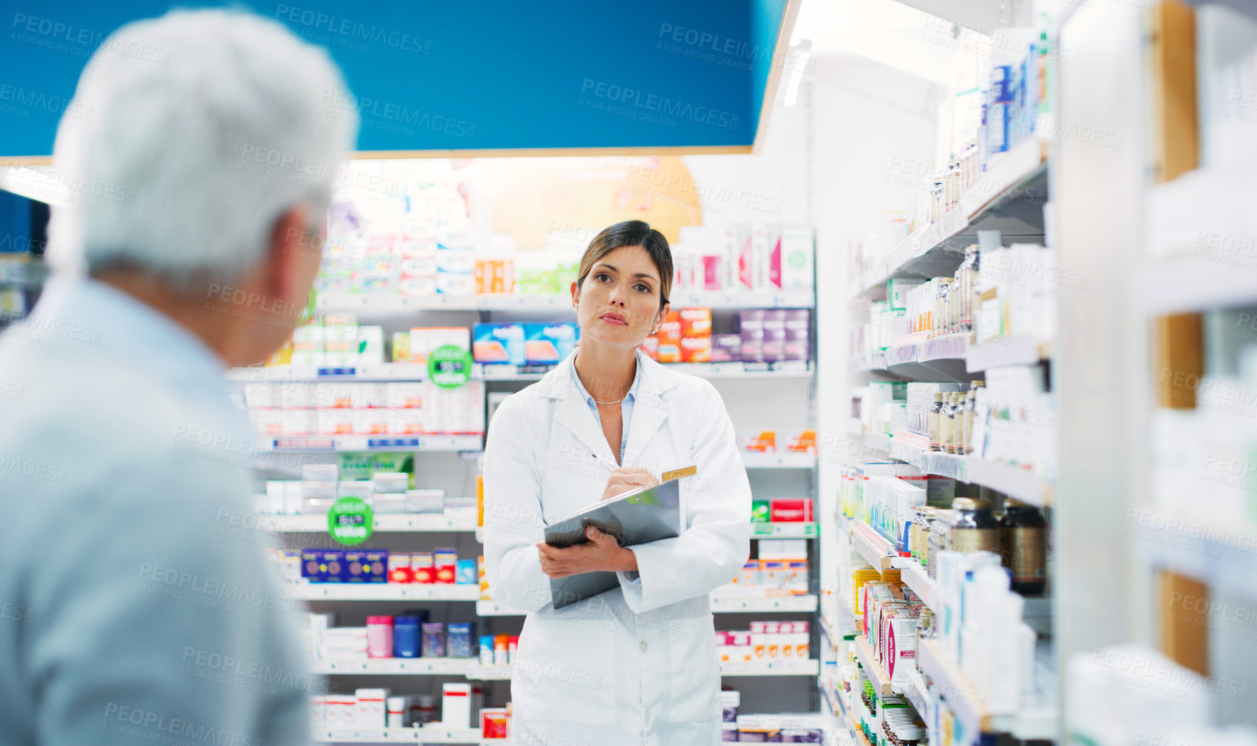 Buy stock photo Pharmacy customer, clipboard and woman helping patient with pharmaceutical choice, product decision or medicine search. Healthcare clinic, hospital pharmacist and person answer question about pills