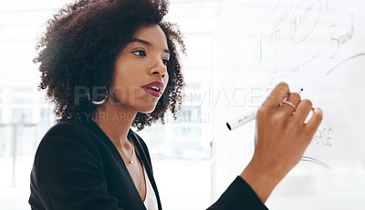Buy stock photo Shot of a young businesswoman strategising on a whiteboard in a modern office