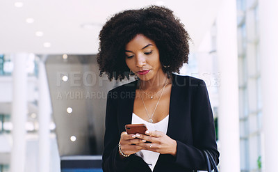 Buy stock photo News, spam and phone with business woman and typing for report, regulations and social network problem. Communication, contact and email with black woman texting on mobile for glitch and review