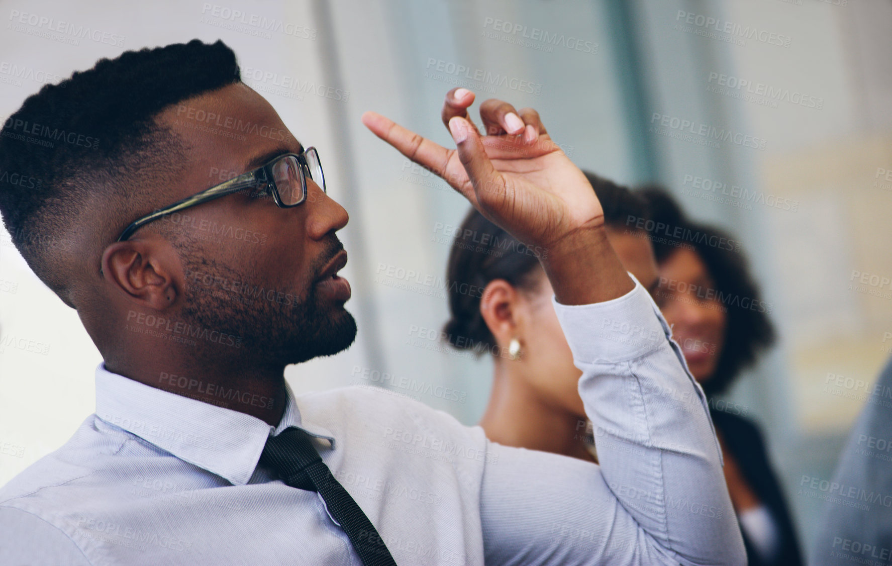 Buy stock photo Conference, seminar and question with business people in office for training or development workshop. Audience, crowd and hand raised of employee man in workplace for corporate learning or education