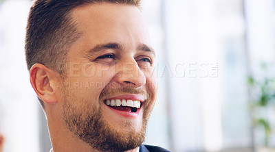 Buy stock photo Happy, laughing and businessman in office with goal, vision and mission against a mockup background. Smile, face and manager enjoy new job, career and work space in corporate office building