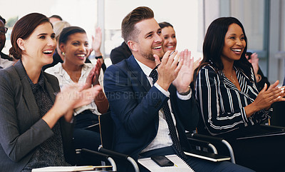Buy stock photo Business people, applause and conference audience, crowd and tradeshow workshop, training and motivation for presentation. Happy corporate team, clapping hands and success, goals and support meeting 