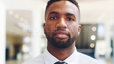 Buy stock photo Portrait, businessman and manager at office building with vision for future, goal and motivation on mockup background. Face, man and leader at work planning, startup and company, success and mock up
