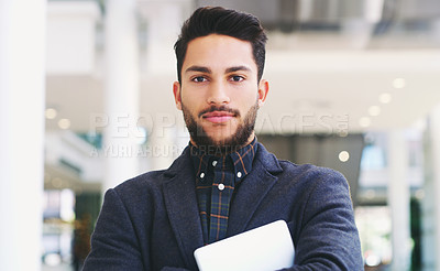 Buy stock photo Businessman, portrait smile and tablet for corporate mission, vision or career ambition at the workplace. Confident employee CEO man smiling in design for business success, startup or successful job