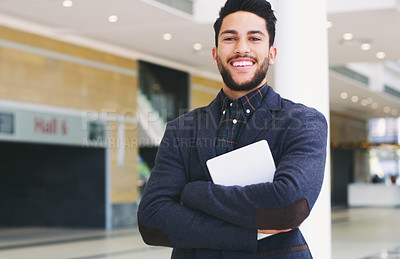 Buy stock photo Businessman, portrait smile and tablet with arms crossed for vision, ambition or career success at the workplace. Happy confident employee man smiling in happiness for successful business startup