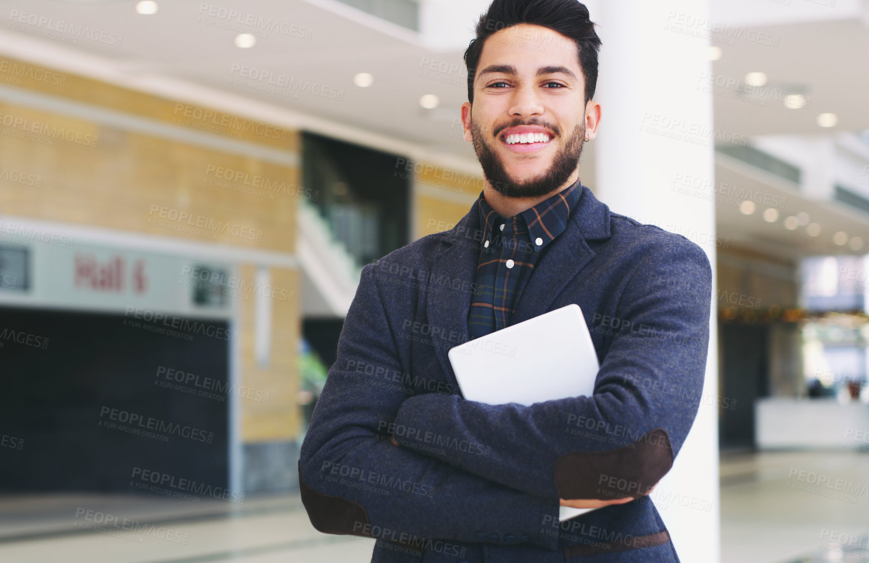 Buy stock photo Businessman, portrait smile and tablet with arms crossed for vision, ambition or career success at the workplace. Happy confident employee man smiling in happiness for successful business startup