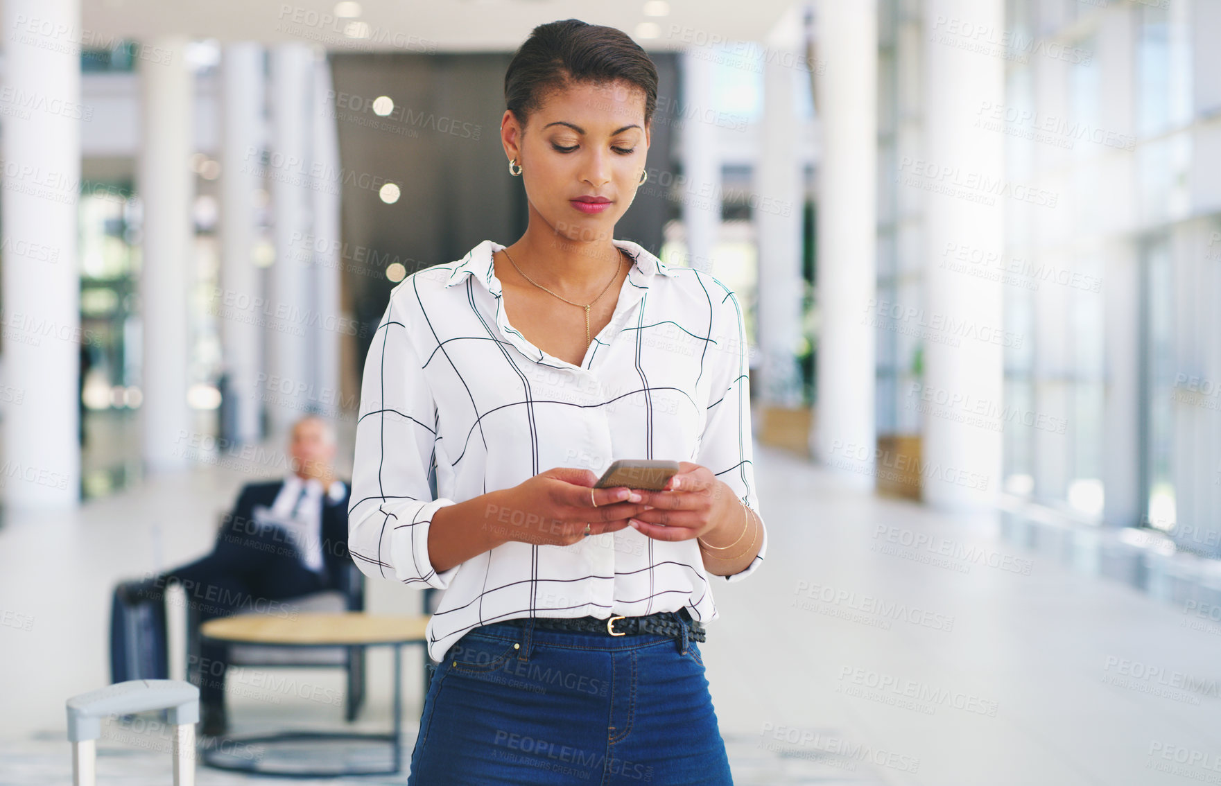 Buy stock photo Business woman, phone or reading email communication on web app while sitting at office. Black woman smartphone typing, message app or social media on mobile smartphone or internet technology at work