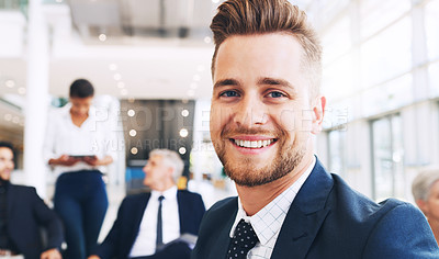 Buy stock photo Portrait, businessman and business meeting in office building with team for planning, strategy and startup proposal. Face, employee and man happy, excited and proud of group collaboration for mission