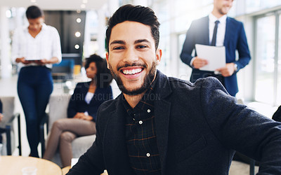 Buy stock photo Happy, portrait and young businessman in office with colleagues on meeting break in New York, USA. Gen z, corporate and professional person in workplace with optimistic smile for job satisfaction.