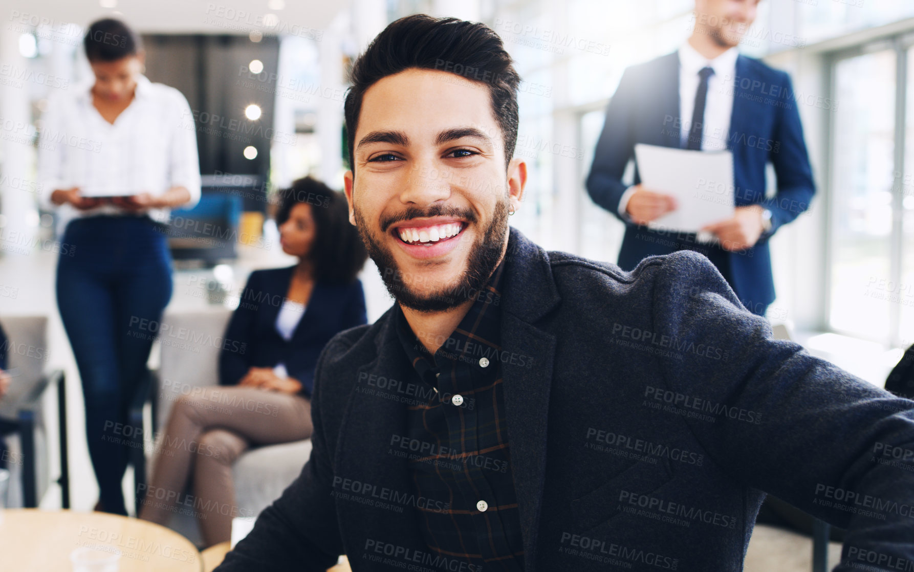 Buy stock photo Happy, portrait and young businessman in office with colleagues on meeting break in New York, USA. Gen z, corporate and professional person in workplace with optimistic smile for job satisfaction.