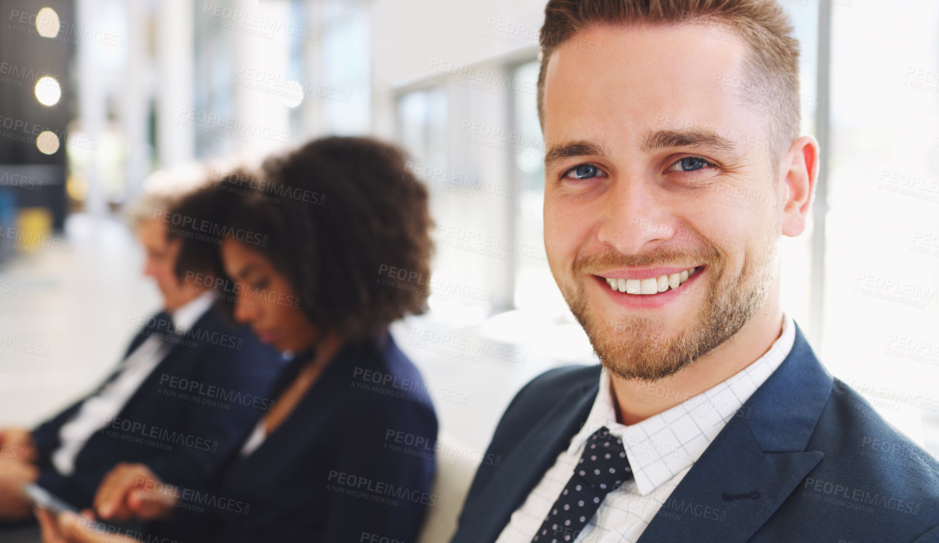 Buy stock photo Businessman, portrait and meeting with team for business stratergy collaboration, interracial teamwork and collaboration in office. Diversity, happy man face and smile for corporate goal motivation