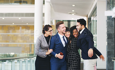 Buy stock photo Hug, support and business people excited about success, partnership and giving motivation. Smile, collaboration and corporate friends hugging after an achievement, win or promotion at an agency