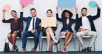 Buy stock photo Interview, group and portrait with poster, sign or speech bubble at social media marketing agency. People smile, diversity or board for hiring, recruitment or opportunity at digital marketing company