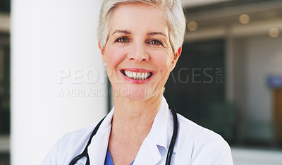 Buy stock photo Healthcare, woman or senior doctor in portrait for trust, research leadership and health insurance in a hospital or clinic. Medical, innovation female worker for goal, motivation or happy with career