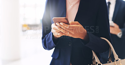 Buy stock photo Business woman, phone and hands texting in communication, social media or chatting at the office. Hand of female employee reading, typing or browsing on mobile smartphone at the workplace