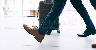 Buy stock photo Businessman in shoes, travel with suitcase and walking in hotel building commute to work trip in New York. Corporate leadership example, feet on airport ground and steps to success in company office