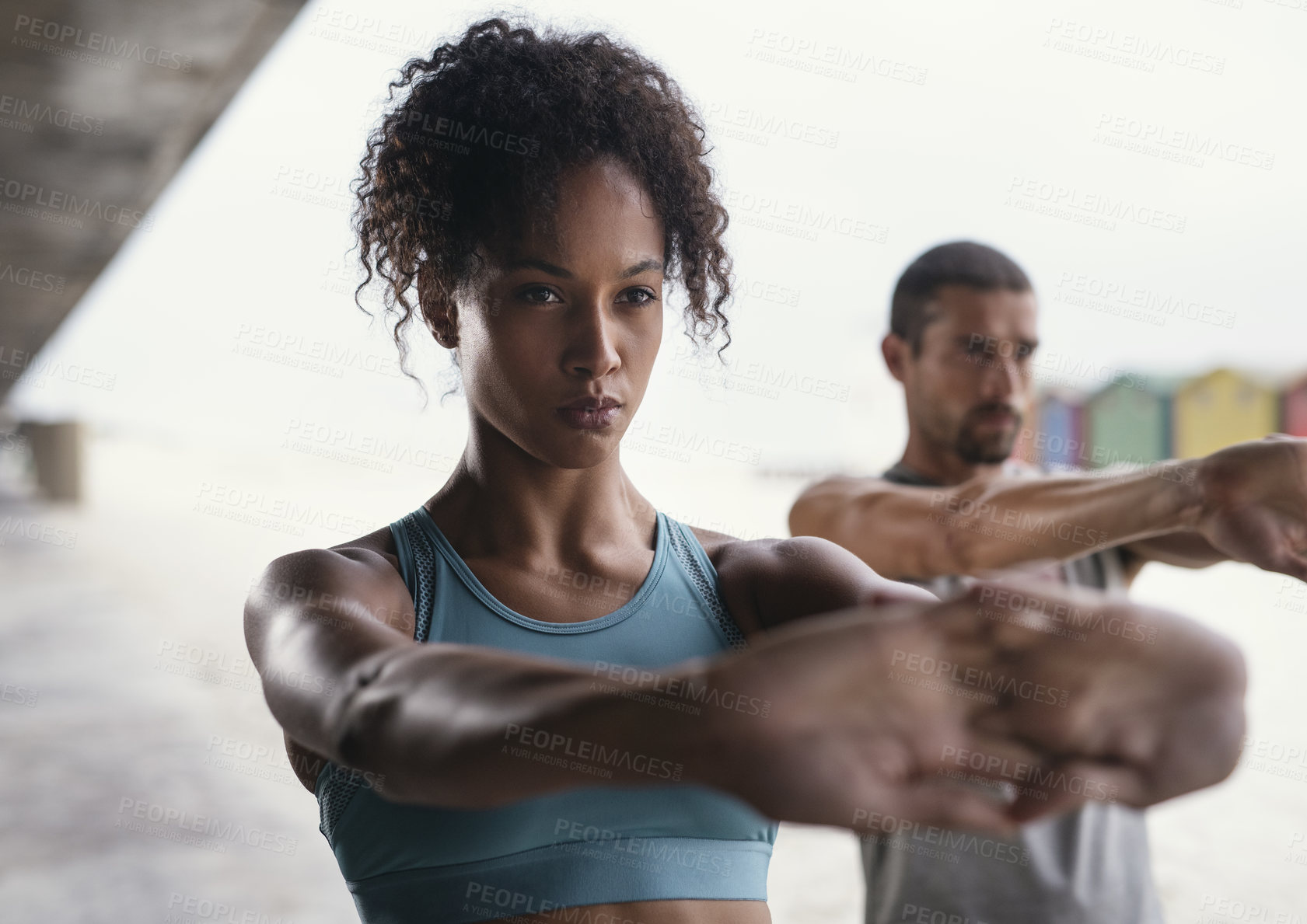 Buy stock photo Serious, couple and outdoors with stretching in exercise for muscle, warm up and sports workout. Fitness, start and people with thinking in flexibility for healthy body, resilience and preparation