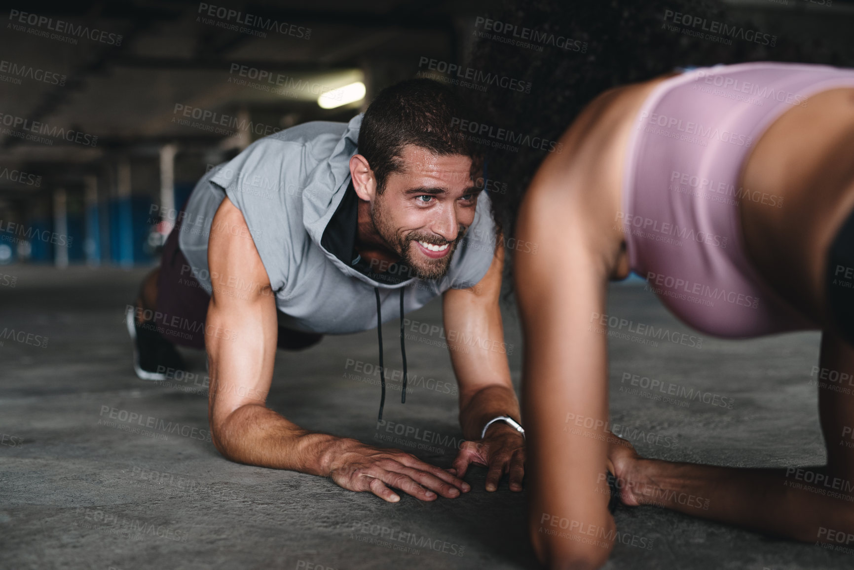 Buy stock photo Couple, fitness and push up for exercise outdoor, muscle development and balance support of training. Woman, man and workout progress, bodybuilder and cardio resilience of wellness performance
