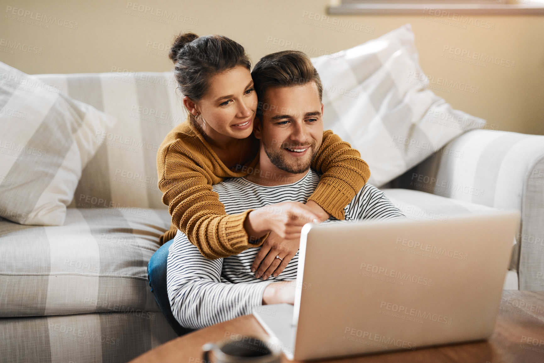 Buy stock photo Laptop, planning and relax with couple in living room for investment portfolio, application and bank loan. Future, technology and partnership with man and woman in home for real estate research