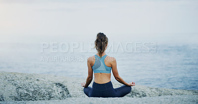 Buy stock photo Woman, meditation and beach for yoga, pilates or wellness for zen, relax or holistic or health for workout. Young lady, fitness or balance chakra for peace environment, mindfulness or calm breathing 