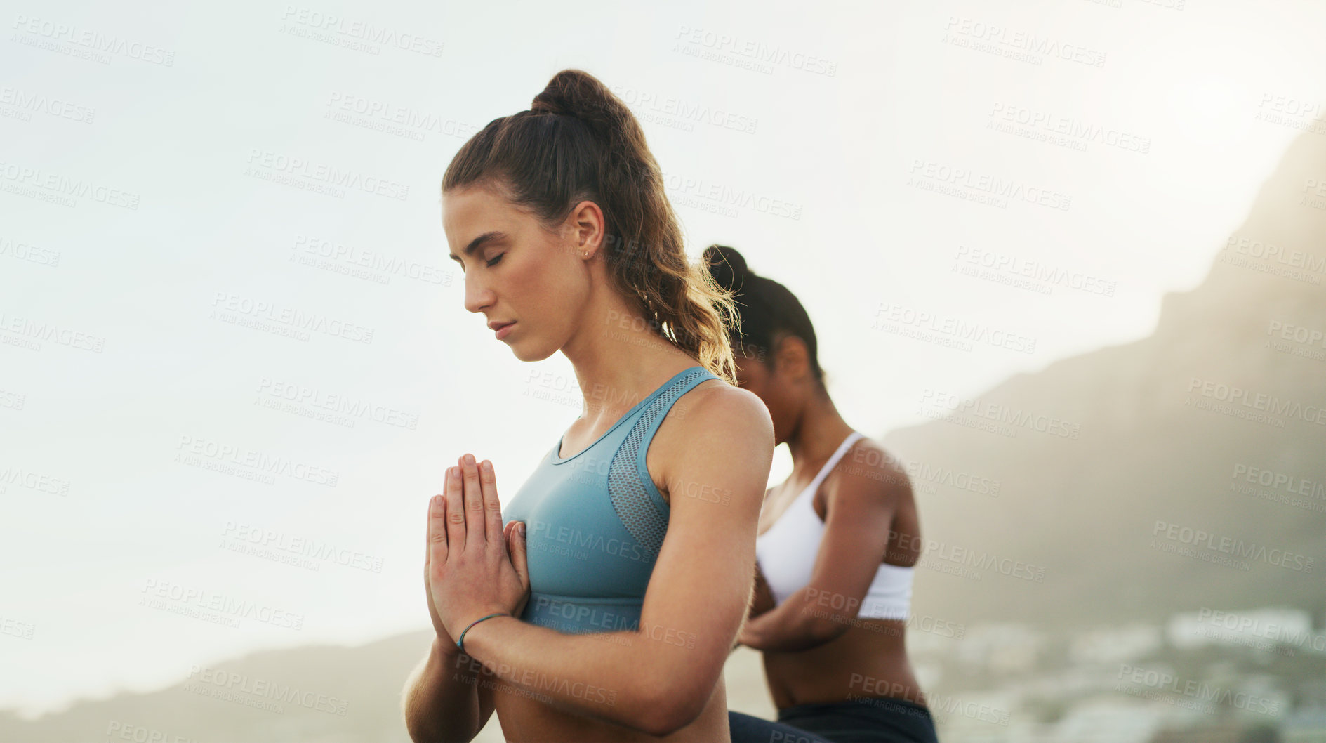 Buy stock photo Women, friends and beach with meditation hands or inner peace or mindfulness, mental health or morning. Female person, calm and spiritual healing or nature self care for zen, chakra or stress relief