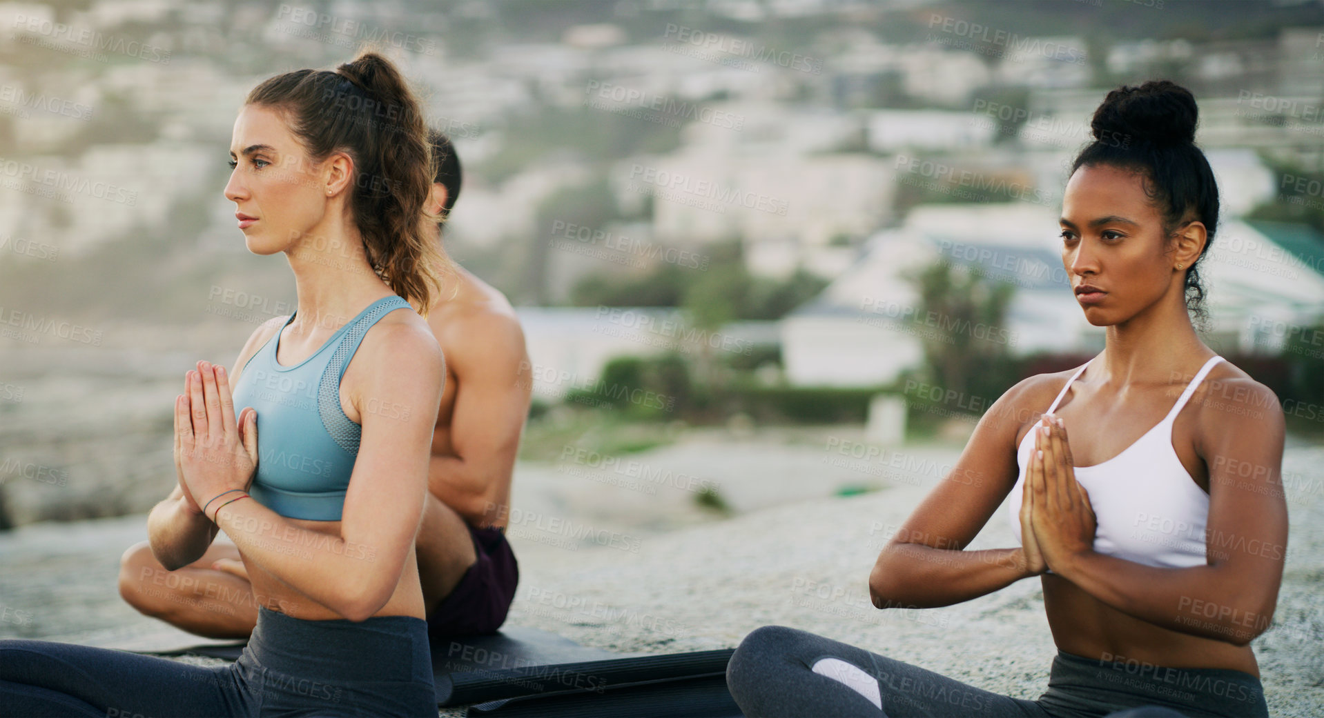 Buy stock photo Women, hands and meditation on beach for calm with mindfulness balance, peaceful or spirituality. Female people, friends and ocean zen or holistic resort for environment retreat, healing or self care