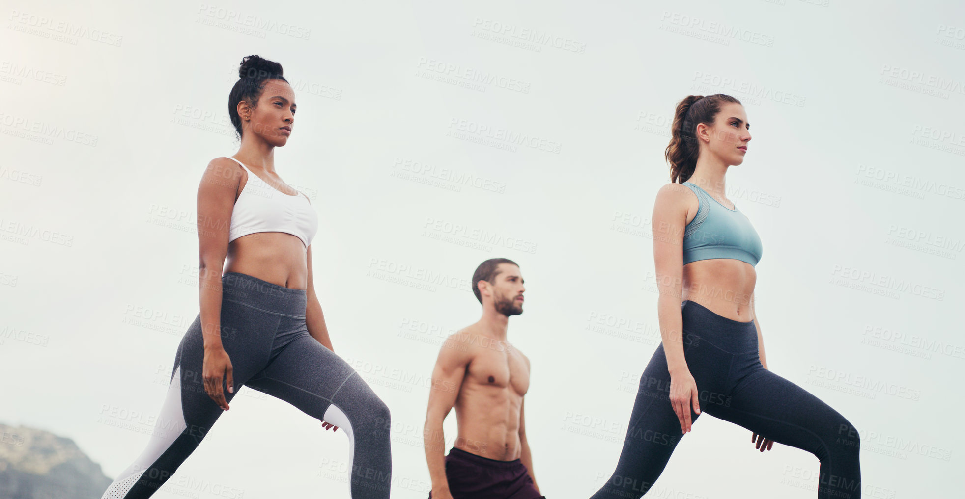 Buy stock photo People, yoga and stretching together in fitness club for sports, health or wellness in outdoor class. Friends, exercise or pilates training in group for teamwork, community and support in nature