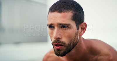 Buy stock photo Thinking, tired and man outdoor for fitness, health and workout in city for wellness on mockup space. Sports, face and person on break with fatigue, exhausted and relax after training for exercise